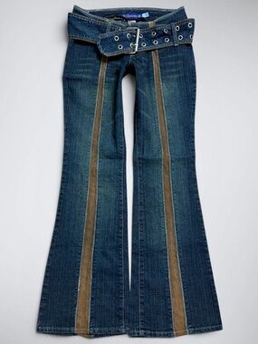 Y2K Ultra Love Ultra Low Rise Belted Tuxedo Stripe Flare Jeans McBling Gyaru